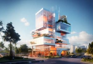 אילוסטרציה של בניין עתידני עם תאורה אופטימית